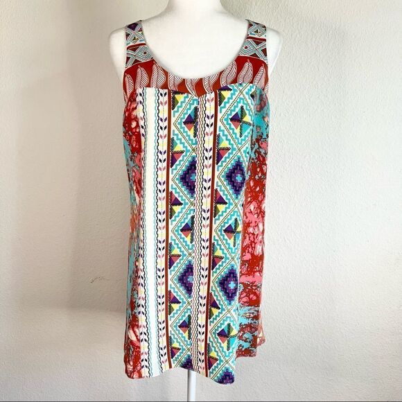 TIBI Southwestern Shift Mini Dress Women’s 6 Aztec Print 100% Silk Watercolor - Picture 1 of 6